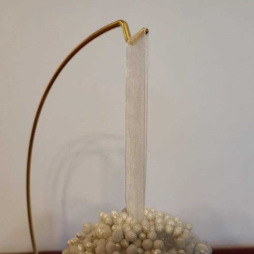 Faux Pearl Ornament Crystal Shimmer Bead Encrusted Oversize With Tulle Ribbon